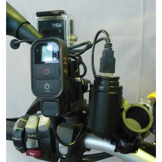 Stromversorgung mit 3-fach Alu Halter Kugelflex® zur Montage am Rückspiegel (GoPro/WiFi/USB)