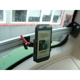 Edelstahl Smartphone /Handy Halter Querbefestigung Kugelflex® mit Anbindung MC Schiene / Schnellklemmhebel