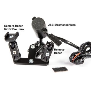 Stromversorgung mit 3-fach (GoPro/WiFi/USB) Alu Halter Kugelflex® zur Montage am Rückspiegel