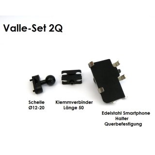 Valle on Tour Set2Q - Edelstahl Smartphone/Handy Halter Kugelflex® Querbefestigung zur Montage am Bügel 2- Breite: 75-94 mm 75