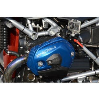 Ventildeckel HP2 Sport / R1200 DOHC / R nine T, gefräst aus hochfestem Alu, blau eloxiert mit Sturzpads-Ausstellungssatz